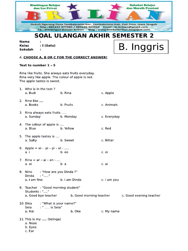 Akhirnya! 30 Contoh Soal Bahasa Inggris Kelas 3 Semester 1 yang Wajib Dicoba Sebelum Ujian