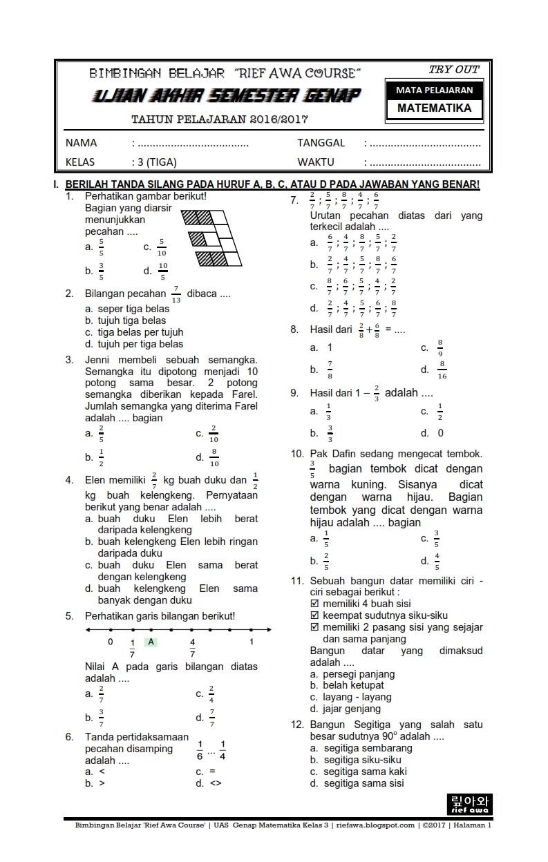 Latihan Soal Mtk Kelas 3 Sd Semester 2 - Piffle me