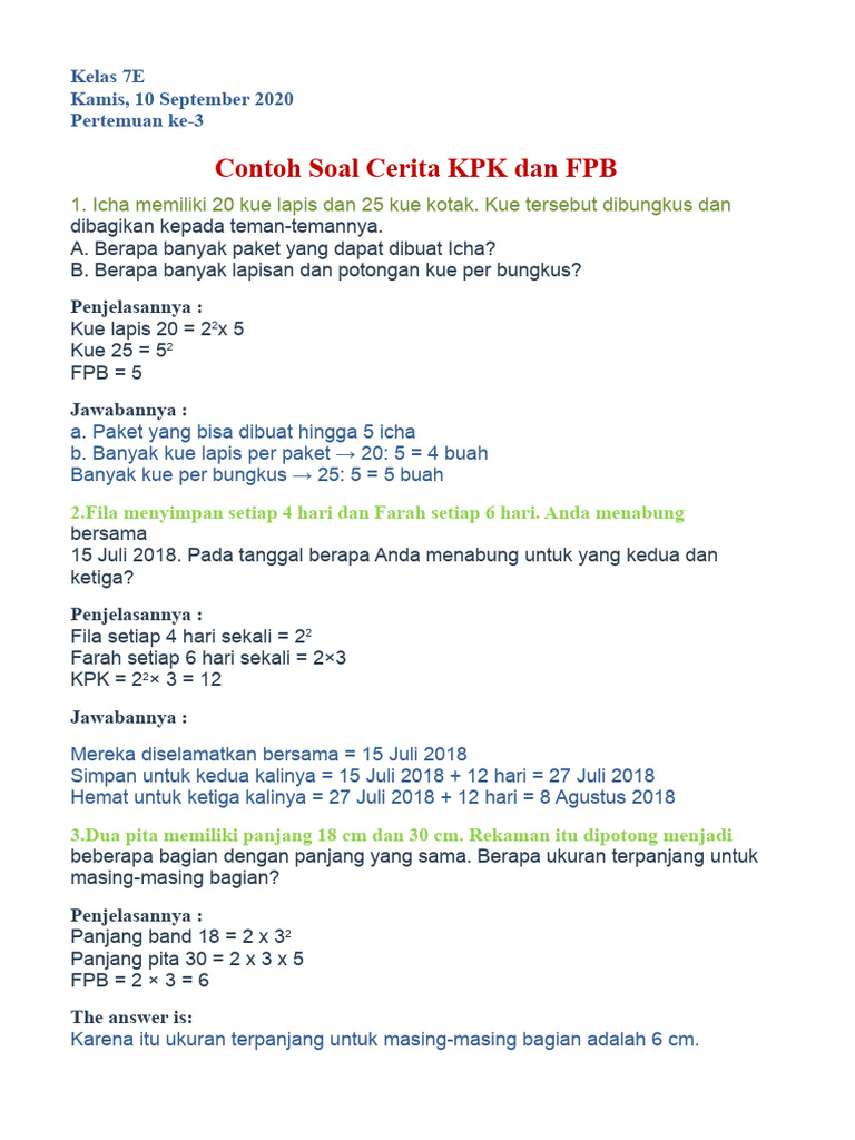 Contoh Soal KPK dan FPB Kelas 7 PDF Contoh Soal KPK dan FPB Kelas 7 PDF