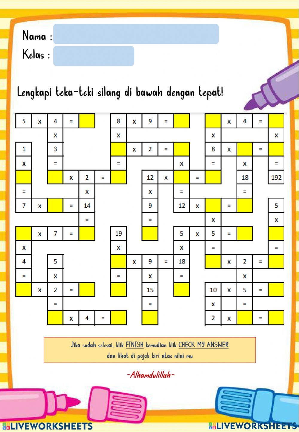 Teka-Teki Silang Perkalian Kelas 3 worksheet Matematik Bebek