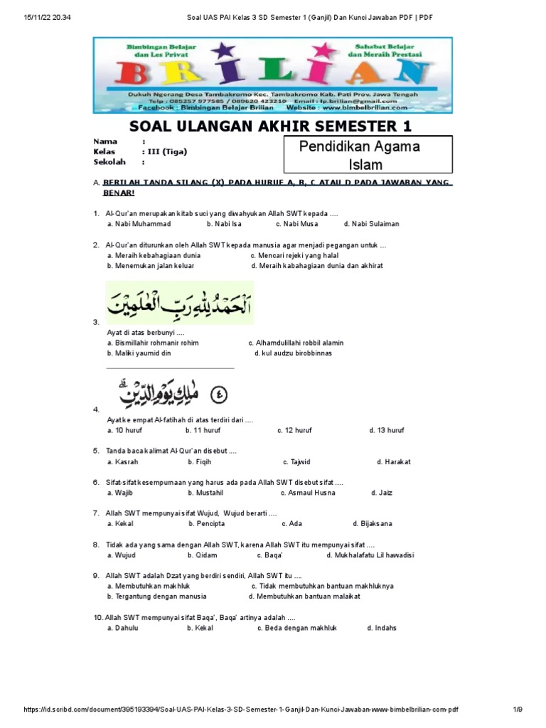Soal UAS PAI Kelas 3 SD Ganjil dan Kunci PDF Soal UAS PAI Kelas 3 SD Ganjil dan Kunci PDF