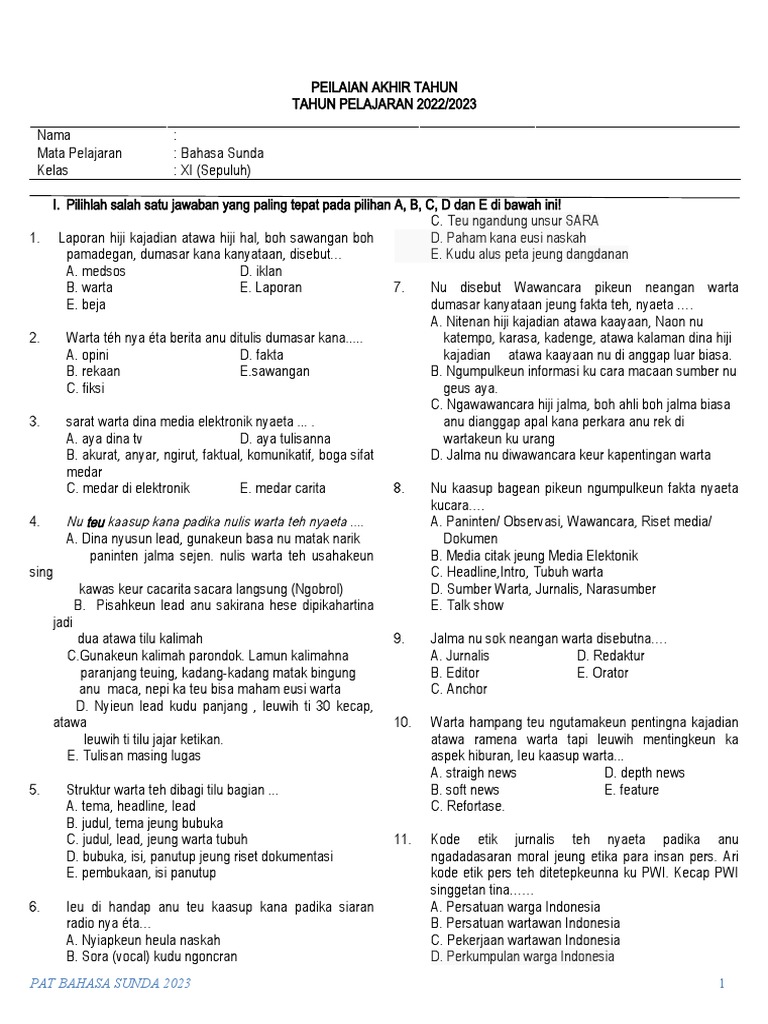 Soal Bahasa Sunda Kelas 11 Semester 2 PDF Soal Bahasa Sunda Kelas 11 Semester 2 PDF