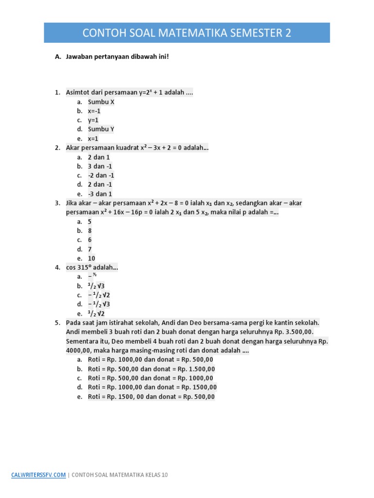 Contoh Soal Matematika Kelas 10 Semester 2 PDF Contoh Soal Matematika Kelas 10 Semester 2 PDF