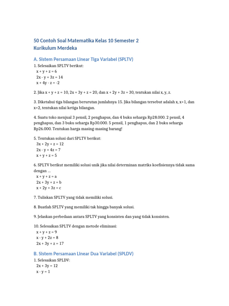 Contoh Soal Matematika Kelas 10 Semester 2 Terbaru 2026 Lengkap dengan Pembahasan yang Wajib Kamu Pelajari