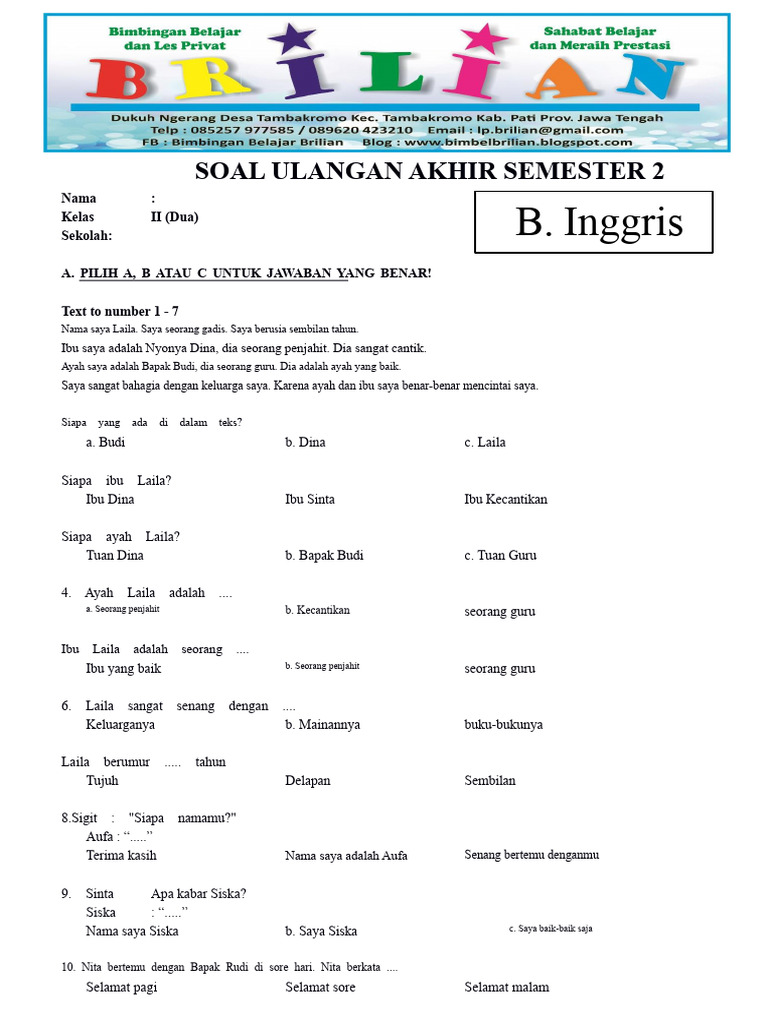 Soal UAS Bahasa Inggris Kelas 2 SD PDF Soal UAS Bahasa Inggris Kelas 2 SD PDF