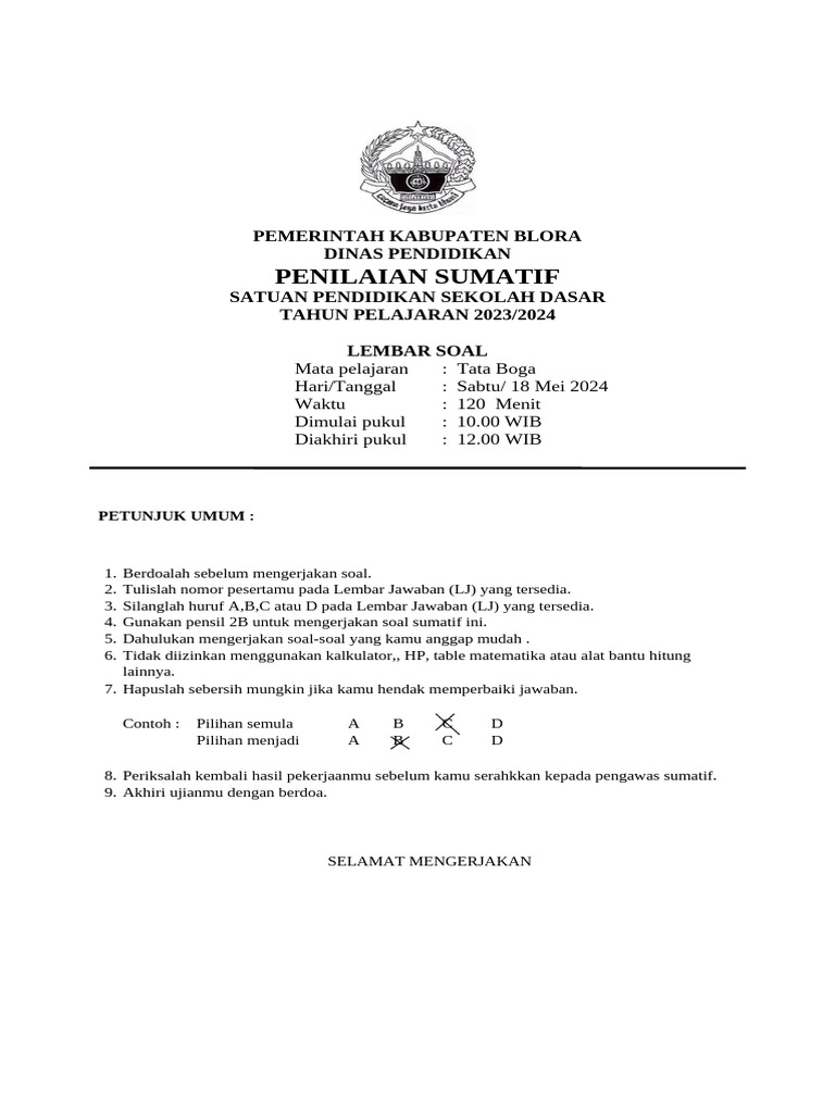 Soal Penilaian Sumatif Tata Boga SD 2024 PDF Soal Penilaian Sumatif Tata Boga SD 2024 PDF