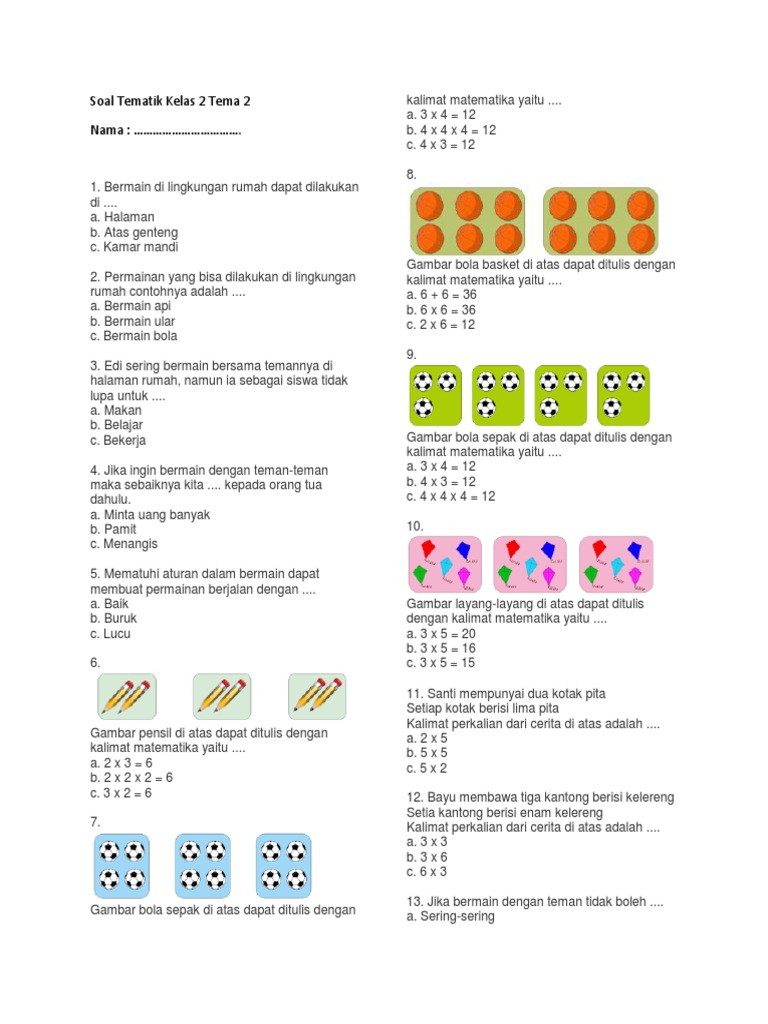 Soal Tematik Kelas 2 Tema 2 SD PDF Soal Tematik Kelas 2 Tema 2 SD PDF