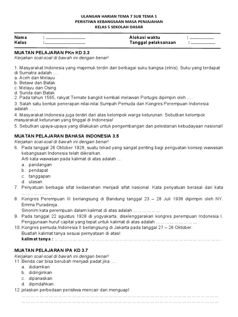 Terbukti Rahasia Sukses: Download Soal Ulangan Harian Kelas 5 Tema 7 Subtema 3 Sekarang!