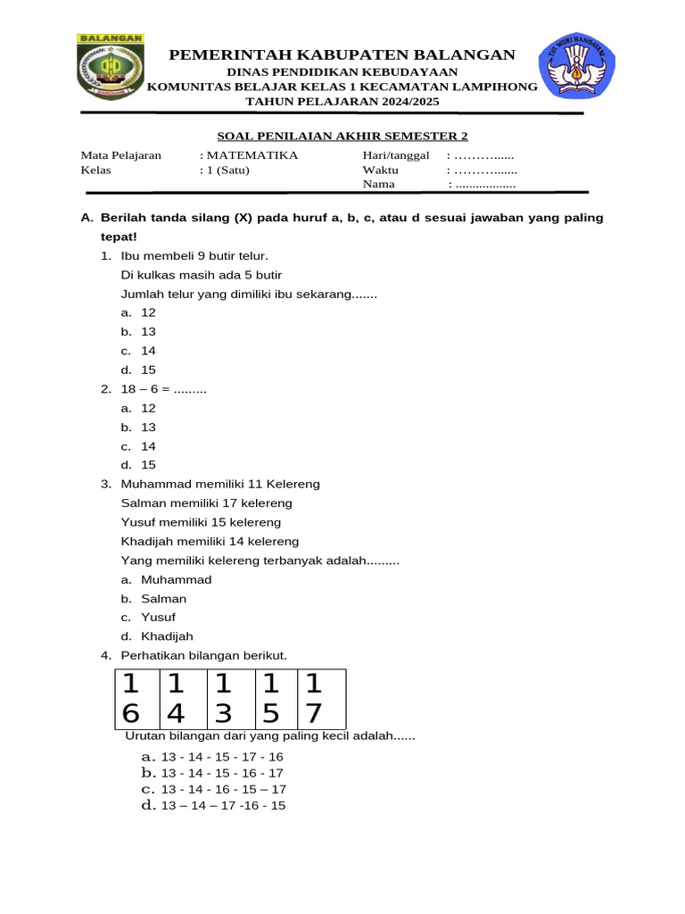 Soal Matematika Kelas 1 Semester 2 PDF Soal Matematika Kelas 1 Semester 2 PDF