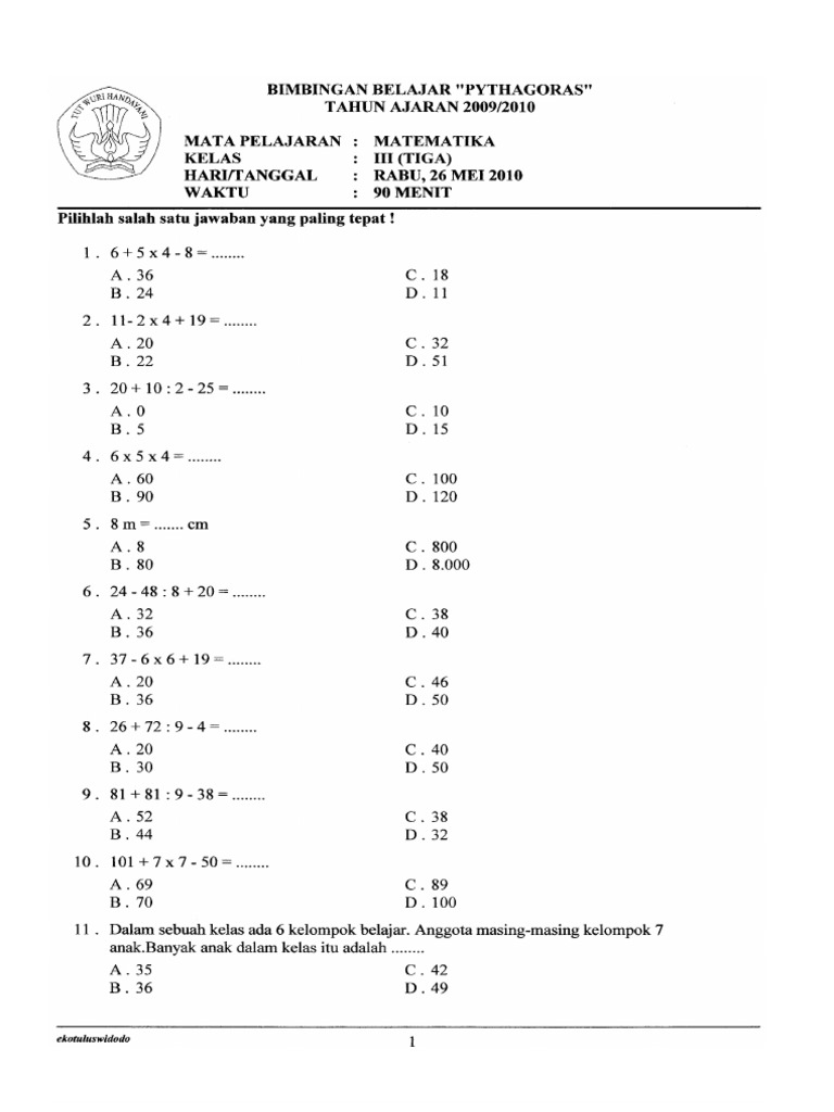 contoh latihan soal matematika kelas 3 sd semester 2