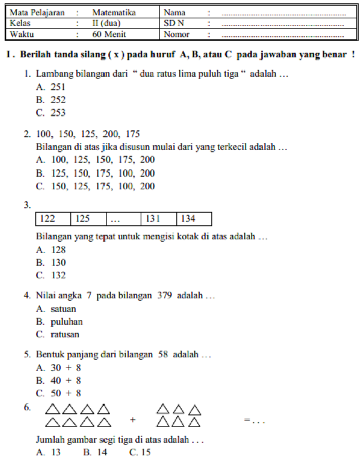 contoh soal mata pelajaran kelas 3 sd semester 2