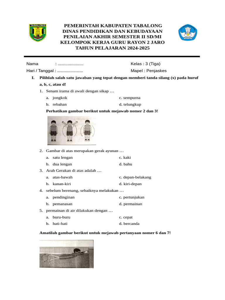 latihan soal penjaskes kelas 3 uts semester 2