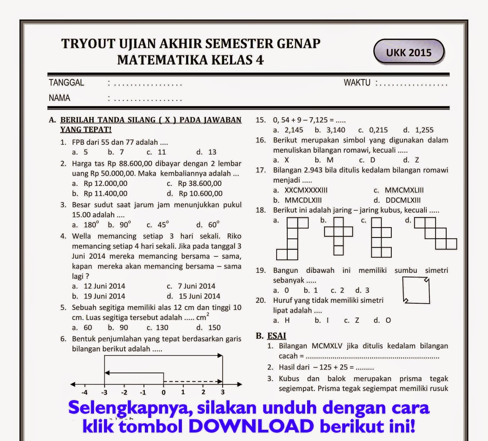 7 Rahasia Siapkan UKK Matematika Kelas 4 SD, Download Soal UKK Matematika Kelas 4 SD Sekarang