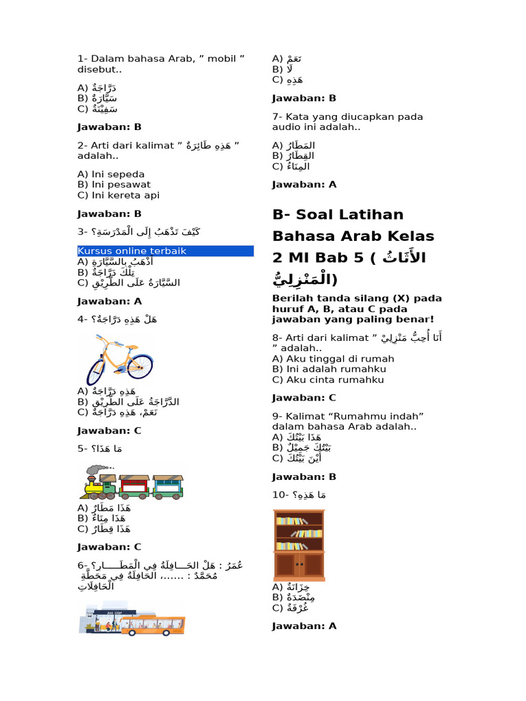 Download Soal Bahasa Arab Kelas 2 MI Kurikulum 2013 Word Terbaru yang Wajib Diketahui