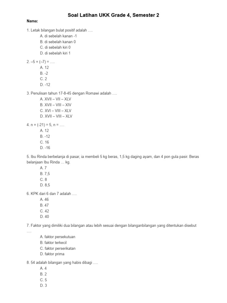 Rahasia Lolos Ujian Segera Download Soal UKK Matematika Kelas 4 Kurikulum 2013 Sekarang