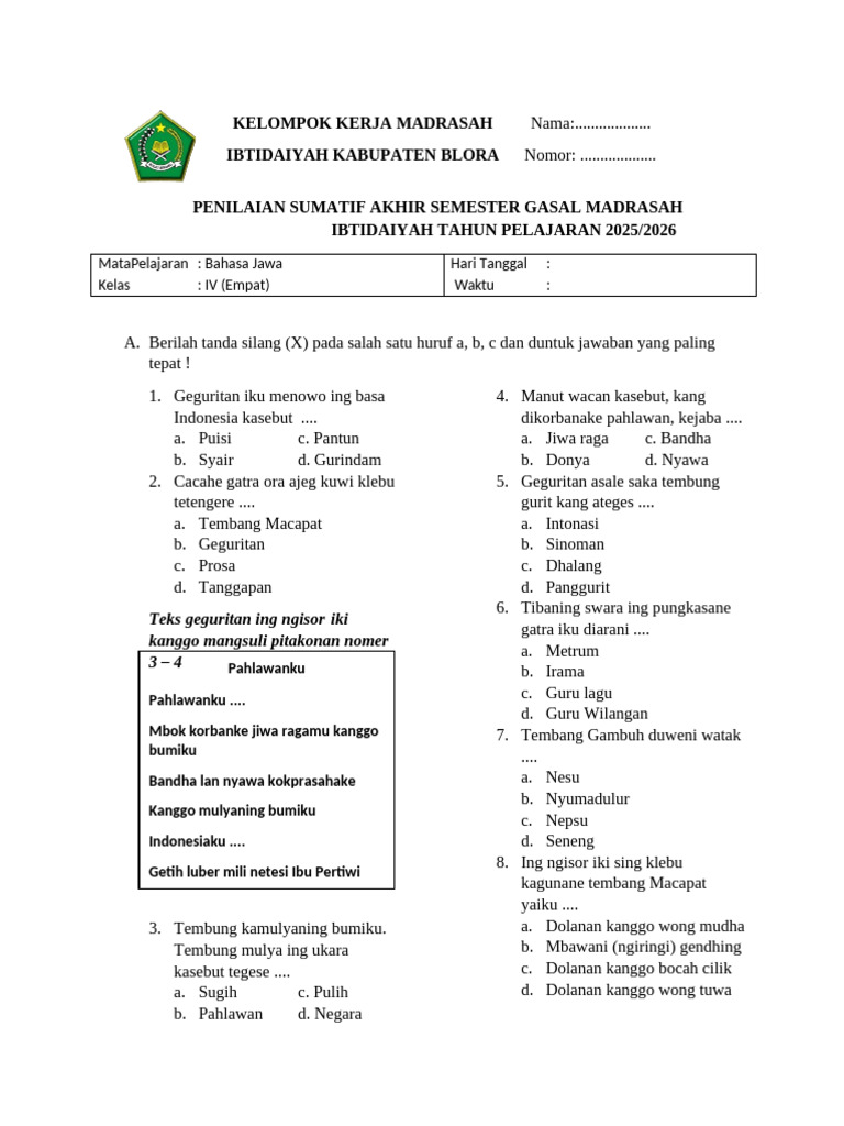 Rahasia Skor Sempurna Kerjakan Soal Prastawa Kanggo Bahasa Jawa Kelas 4 SD Terbaru