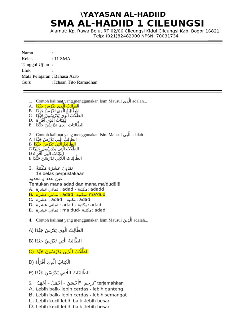 Rahasia Skor Tinggi Ternyata Ada di Kumpulan Soal Bahasa Arab Kelas 11 Semester 2 Kurikulum 2013