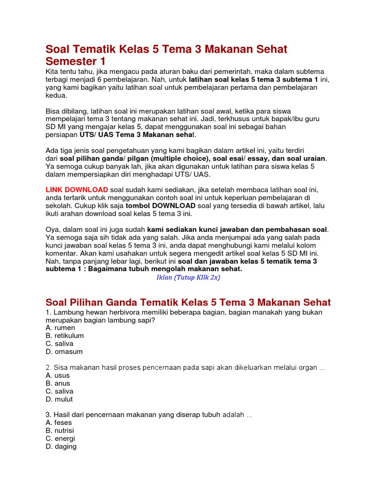 Wajib Tahu! Download Soal Ulangan Harian Kelas 5 Tema 3 Makanan Sehat Terbaru di Sini Wajib Tahu! Download Soal Ulangan Harian Kelas 5 Tema 3 Makanan Sehat Terbaru di Sini