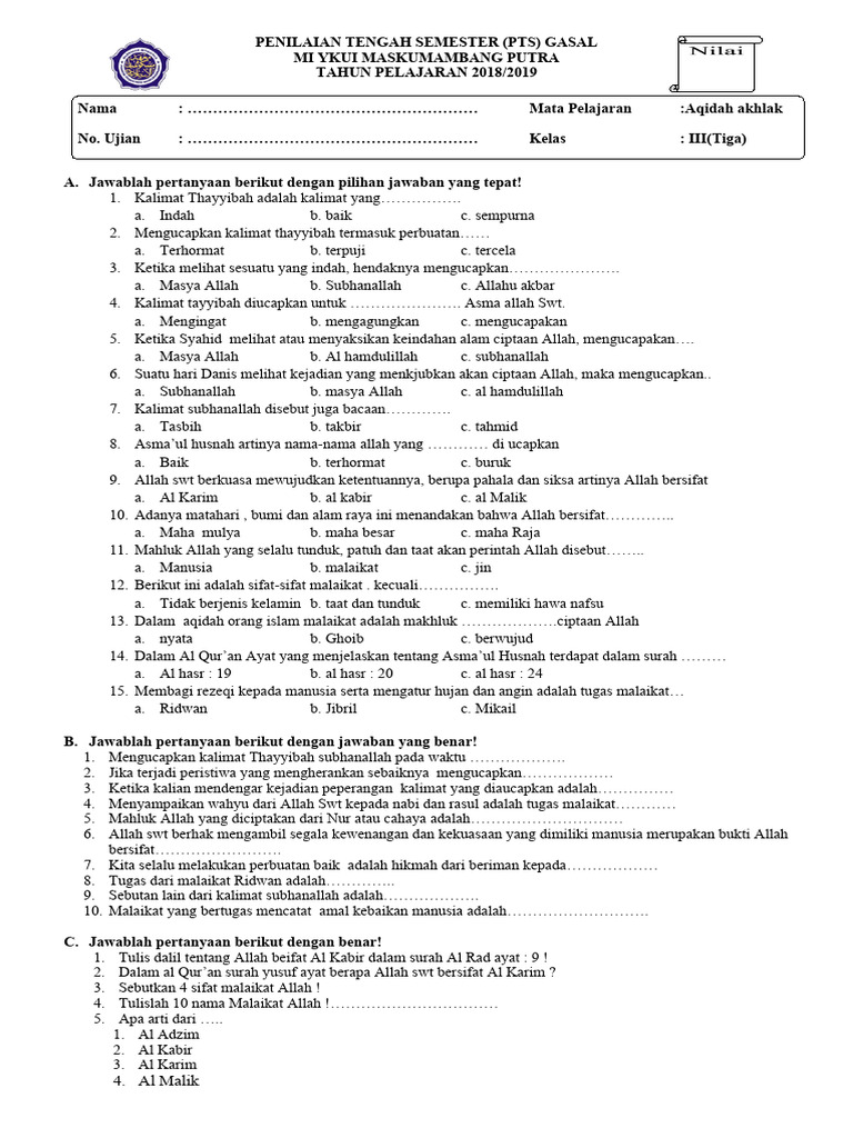 Wajib Tahu! Link Download Soal Ulangan Harian Akidah Akhlak Kelas 3 K13 2018 Terbaru