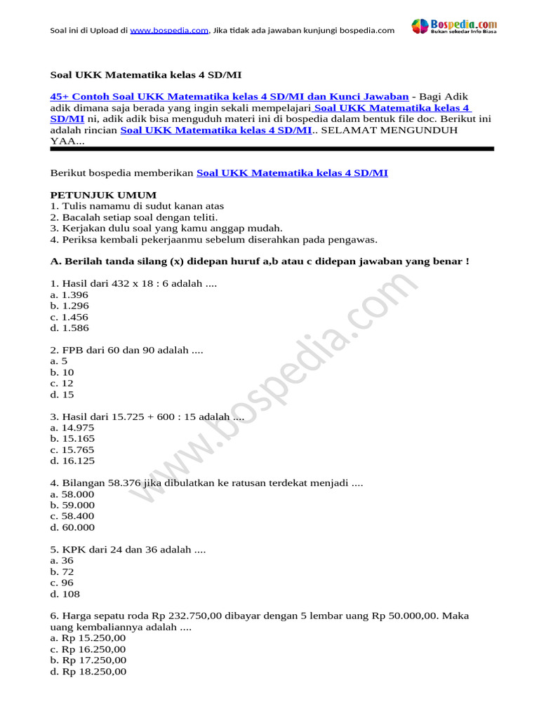 Wajib Tahu! Link download soal ukk matematika kelas 4 sd kurikulum 2013 terbaru